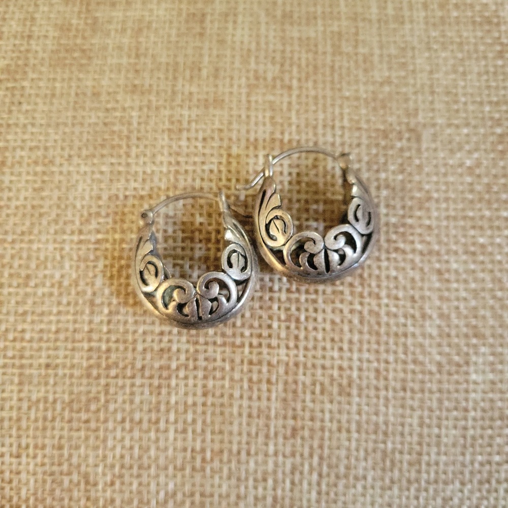 Vintage 925 Sterling Silver Filigree Scroll Hoop Earrings 0.75" Cottagecore
